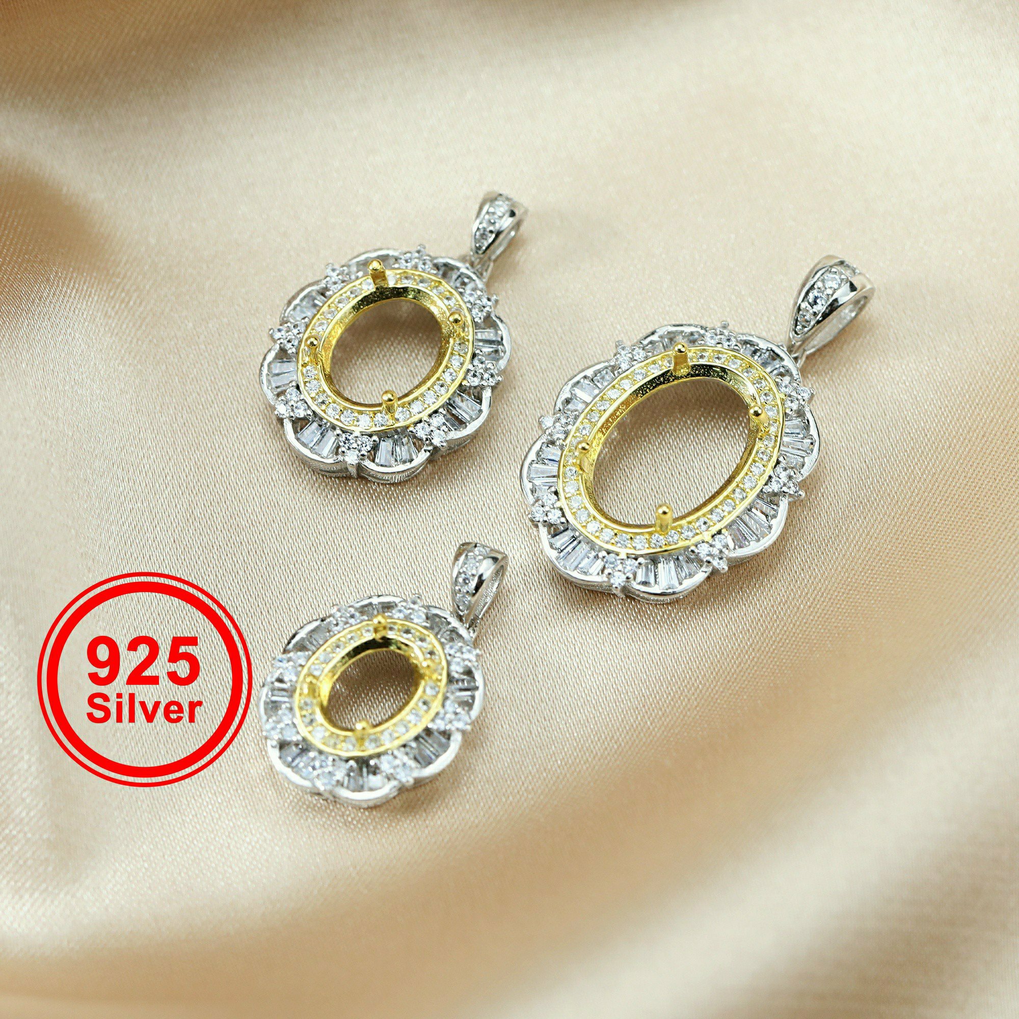 Bezels Set Pendant - Multiple Size Oval Bezel Gold Silver