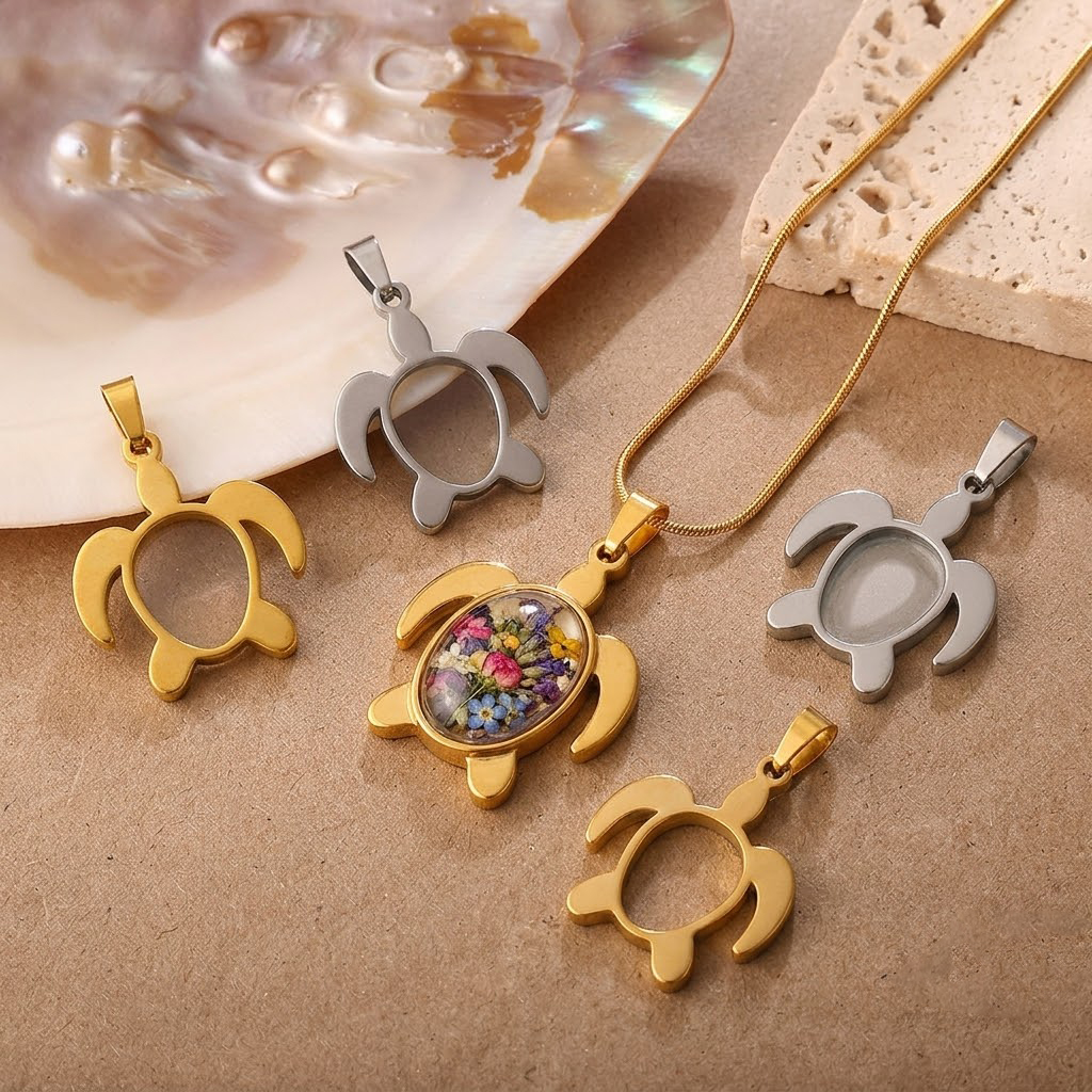 5pcs/Lot Stainless Steel Turtl - Bezels Set Pendant avaliação e preço
